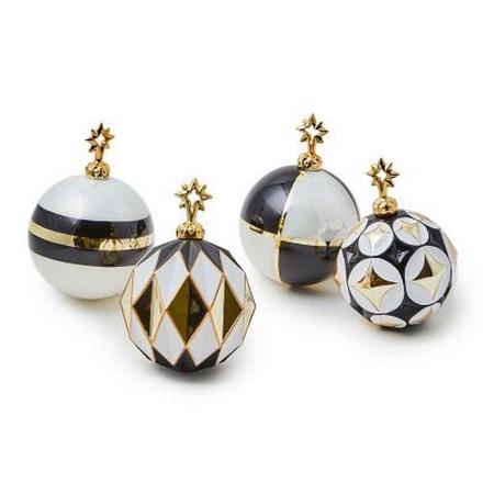 MacKenzie Childs Black and White Star Glass Ball Ornaments set of 4