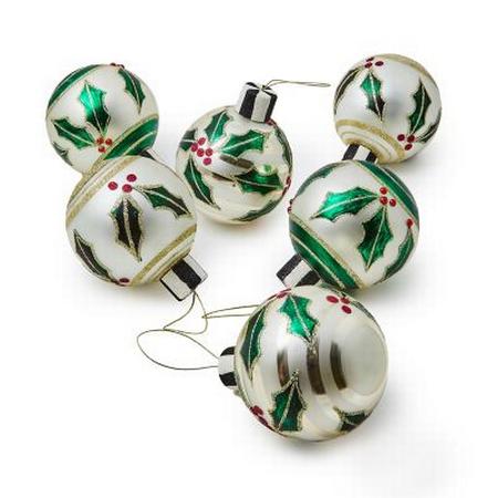 MacKenzie Childs Holly Leaf Glass Ball Ornaments Set of 6