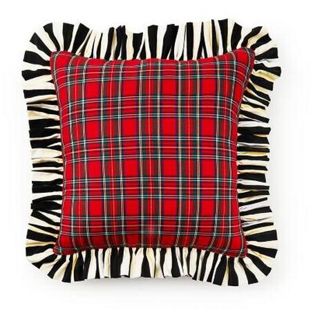 MacKenzie Childs Red Tartan and Stripe Ruffle Throw Pillow